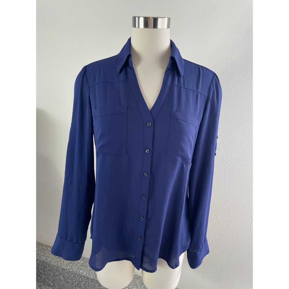 Express‎ Portofino Shirt Womens Small Blue Roll Tab Sleeve Button Up Blouse